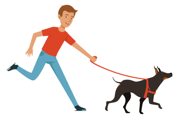 Boy Running with Dobermann. Cartoon Kid