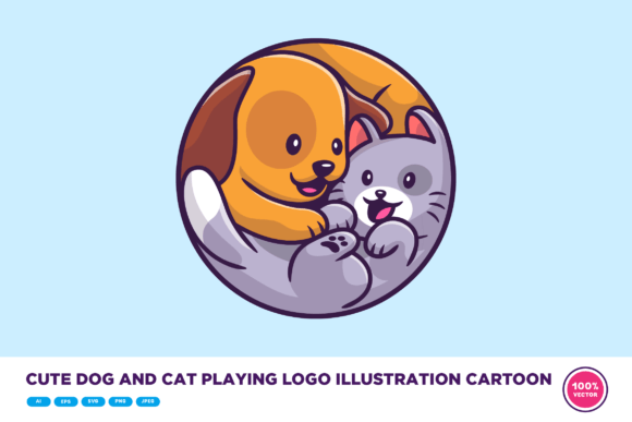 Cute Cat and Dog Playing Logo Cartoon
