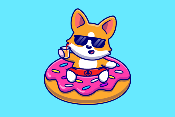 Cute Corgi Dog Floating with Doughnut