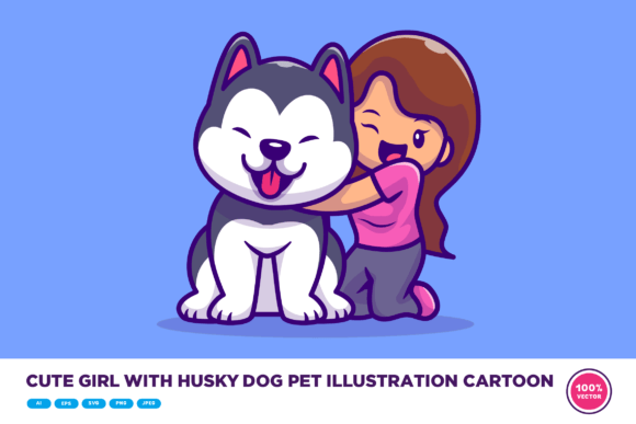 Cute Girl with Husky Dog Pet Cartoon