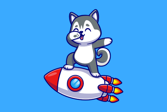 Cute Husky Dog Dabbing on Rocket Cartoon